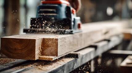 Medium shot of an electric highspeed planer swiftly smoothing a thick timber highlighting the sleek design and powerful motor in a modern woodworking shop