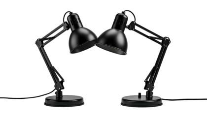 Two black desk lamps, positioned opposite each other, on a dark background