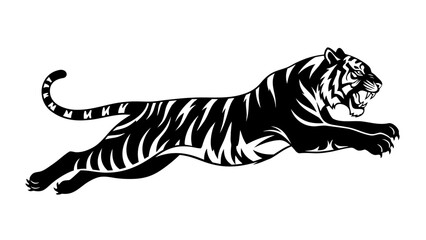 Vector illustration of a tiger leaping forward, showcasing its powerful muscles and dynamic movement in a striking black and white design © PDWN Creative