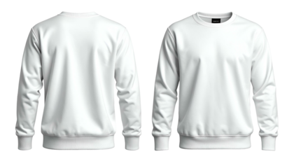 Two views of a clean, white crewneck sweatshirt, front and back, against a black background