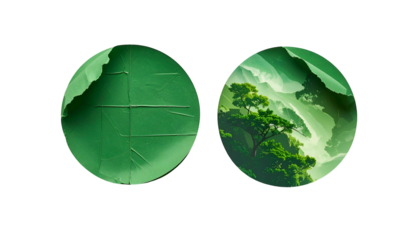 Two circular green images, one torn & the other showing a mountainous landscape