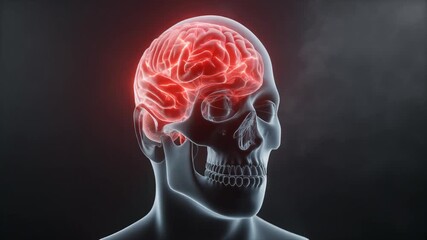 3D human head with transparent skull and glowing brain rotating in dark background - Powered by Adobe