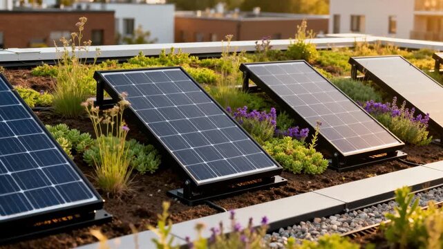 Medium shot of ecofriendly green roof system integrating solar panels and native flora emphasizing sustainable urban living