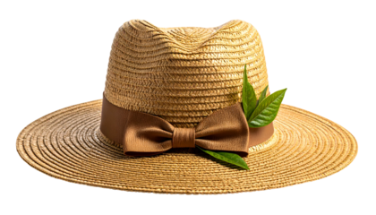 A wide-brimmed straw hat with a brown ribbon bow and green leaves