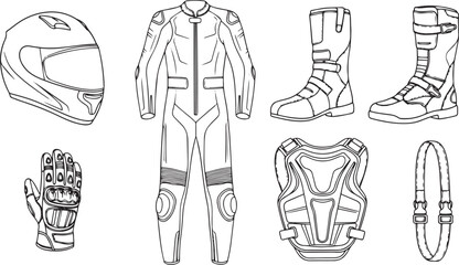 A collection of black and white line of motorcycle racing protective gear including a helmet, a full racing suit, gloves, boots, and a chest