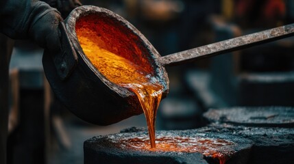 Medium shot of a worker carefully guiding a ladle filled with glowing molten metal through an industrial foundry emphasizing precision and safety.