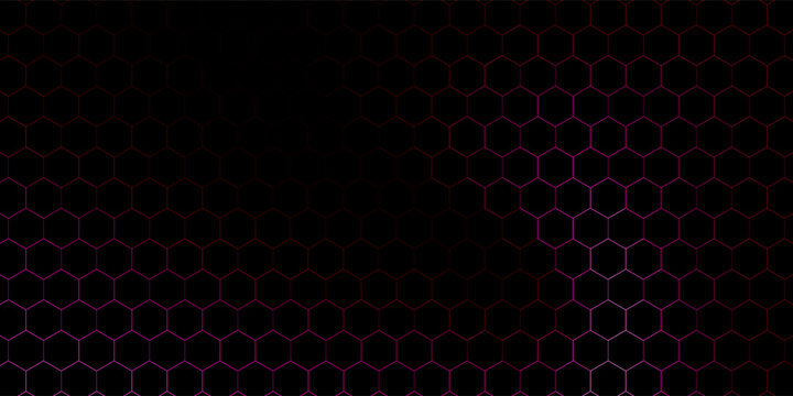 Hexagon game background with glowing red honeycomb grid on black surface. Abstract geometric pattern of connected cells for futuristic interface design. Digital technology bg with luminous edges.