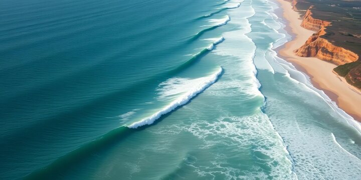 Ocean swell breaks along a long, winding coastline perfect for surfing,  recreation,  wave riding