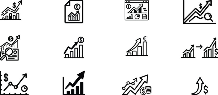 Collection of black and white business graph and chart icons
