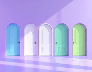 Five arched doors, pastel hues, sunlight creates shadows