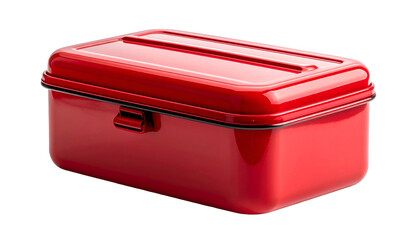 A rectangular, glossy red metal toolbox with a hinged lid and a single latch