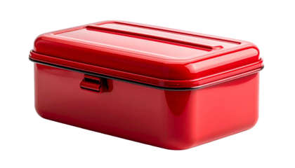 A rectangular, glossy red metal toolbox with a hinged lid and a single latch
