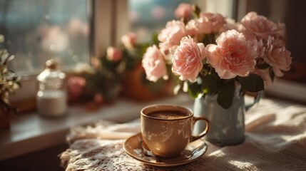 Valentines day coffee and flowers at a sunny window
