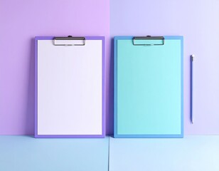 Two clipboards, blank papers, and pencil on color block back