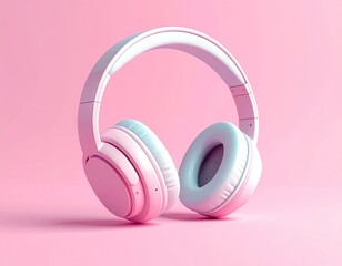 Pink/white headphones with light blue pads on pink background