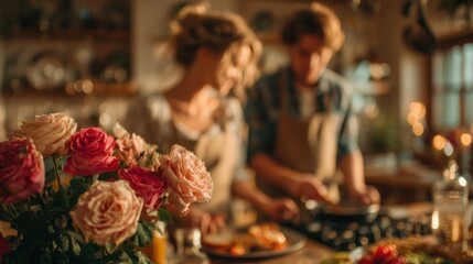 Couple cooks together in a cozy kitchen for Valentine's Day celebration