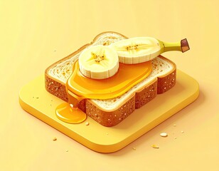 Toast, honey, banana slices on square board. Sweet treat