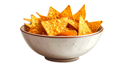 A full bowl of golden, crispy tortilla chips, isolated on a transparent background