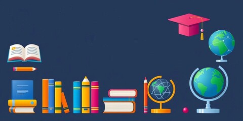 Set of colorful education icons, including books, pencils, globes, and graduation caps,  school,   student