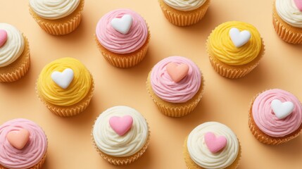 Colorful Valentine Cupcakes with Creamy Frosting and Heart-Shaped Toppers on a Soft Orange Background for Sweet Celebrations
