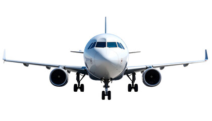 Fototapeta premium Front view of a white commercial passenger jet, wings outstretched, against a plain background