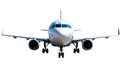 Front view of a white commercial passenger jet, wings outstretched, against a plain background