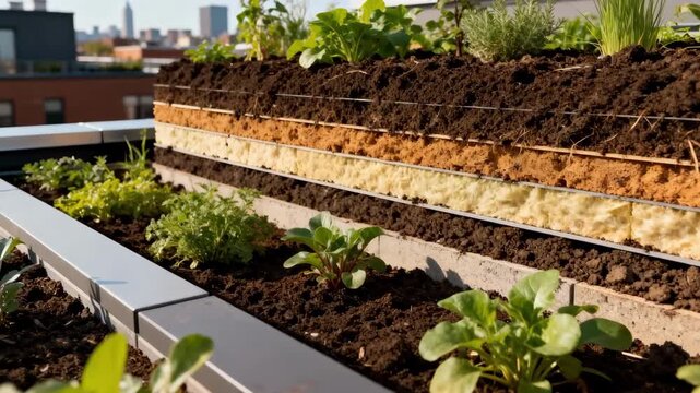 Medium shot revealing detailed layering of soil and plants on a rooftop for enhanced insulation and environmental benefits in city structures.