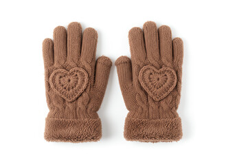 Pair of Brown Knitted Gloves with Heart Appliques