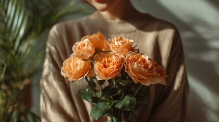 Holding orange roses on Valentine's Day in a cozy indoor setting