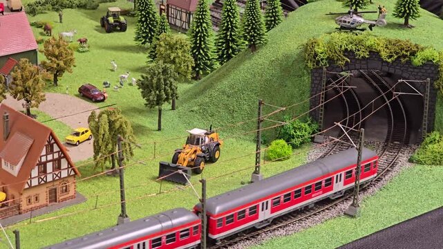 Detailed model railway landscape featuring a red train emerging from a tunnel, surrounded by miniature houses, green hills, and farming equipment. Video 4k