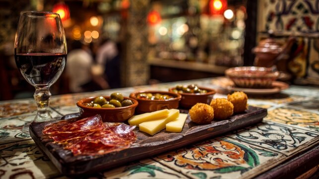 A plate of food with a glass of red wine on a table. The food includes cheese, olives, and potatoes. Scene is relaxed and inviting, as it seems like a casual meal shared with friends or family