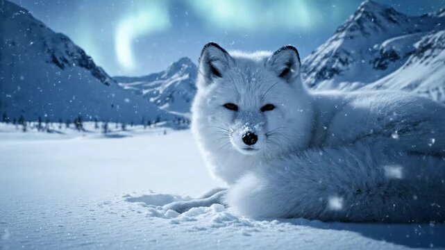 Arctic Fox Resting in Snowy Landscape with Northern Lights.