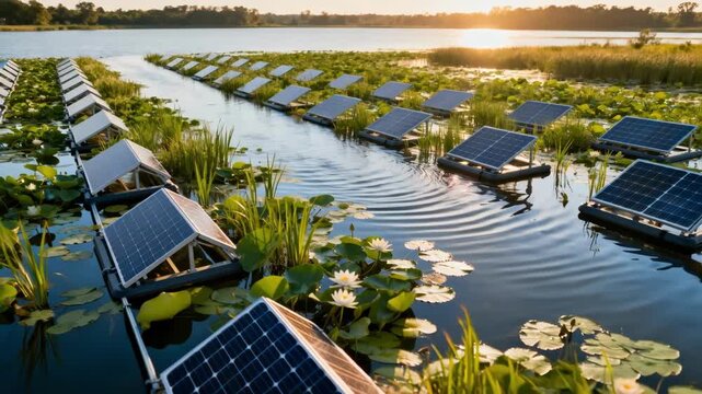 Dynamic medium shot of expansive floating solar arrays integrated with aquatic vegetation emphasizing ecofriendly renewable energy development on water bodies.