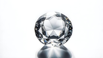 Fototapeta premium A brilliant-cut, round gemstone sits centered, reflecting light and casting a shadow on a white backdrop. Many facets create sparkle