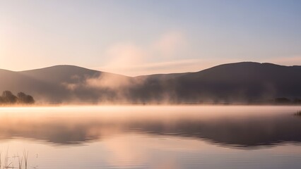 Obraz premium Tranquil Lake at Sunrise With Mist Over Rolling Hills and Calm Water Reflection, Soft morning light blankets a tranquil lake, weaving golden mist over still water and distant hills.