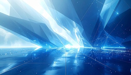 Futuristic abstract digital business background with blue and white gradient, geometric shapes and glowing network lines, technology and innovation concept, clean corporate design