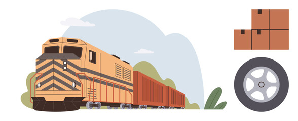 Freight train on tracks with cargo wagon, stacked shipping boxes, and train wheel. Ideal for logistics, transportation, shipping, delivery, supply chain trade commerce themes. Simple flat metaphor © robu_s