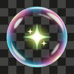 Shiny iridescent holographic soap bubble sphere with highlights, central glowing star sparkle effect, vibrant gradient colors, transparent background vector illustration