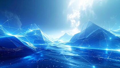 Futuristic abstract digital business background with blue and white gradient, geometric shapes and glowing network lines, technology and innovation concept, clean corporate design