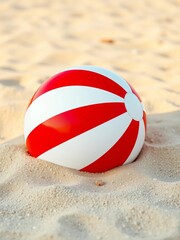 Obraz premium Bright red and white striped beach ball resting on warm, soft sand, toy, seaside