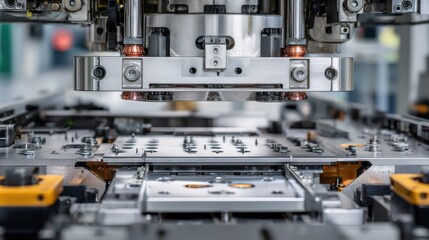 Medium shot highlighting the synchronized operation of roboticsassisted stamping press ensuring accuracy and efficiency in production.