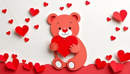 Adorable paper cut teddy bear holding heart, Valentine's Day card design,  craft,  design