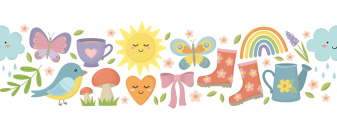 Seamless border with spring elements in pastel colors. Horizontal pattern with rubber boots, cup, bird, flowers, cloud, sun, rainbow, watering can, butterflies