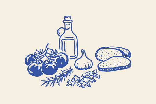 Tomatoes garlic bread olive oil doodle line art vector illustration