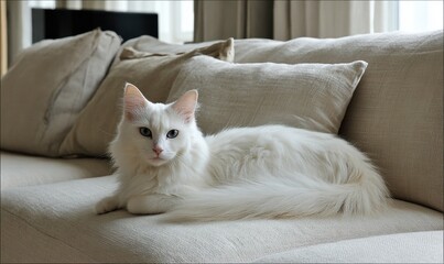 A white cat is laying on a couch