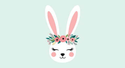 Fototapeta premium Adorable cartoon white bunny face with closed eyes wearing a beautiful pink and green floral crown on a light blue background.
