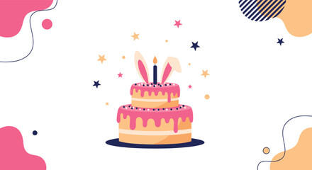 A festive two-tier birthday cake with pink frosting a candle and bunny ears on a decorative abstract background with stars.