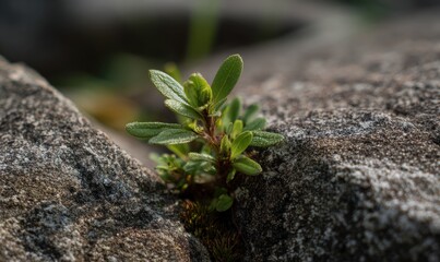 A small plant is growing out of a crack in a rock