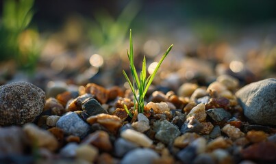 A small green plant is growing in a rocky area