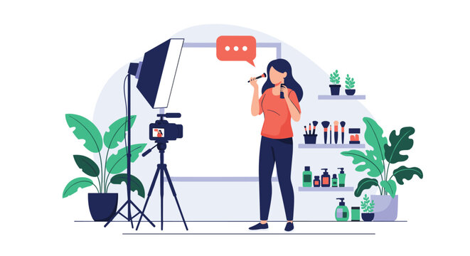 Female beauty blogger recording a makeup tutorial video with a camera on a tripod and professional lighting equipment.